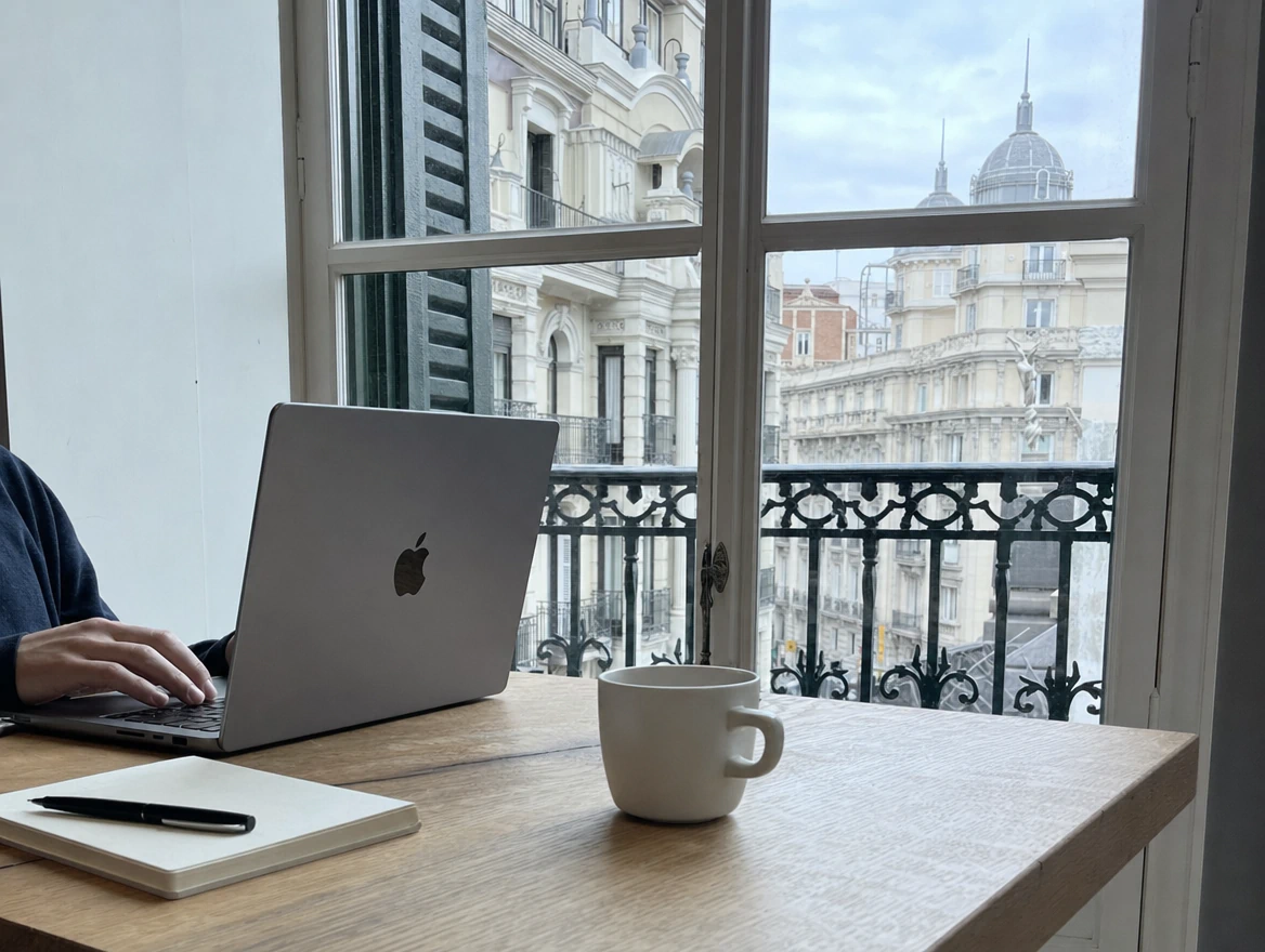 Manos sobre MacBook con ventanal abierto al centro de la ciudad al mediodía