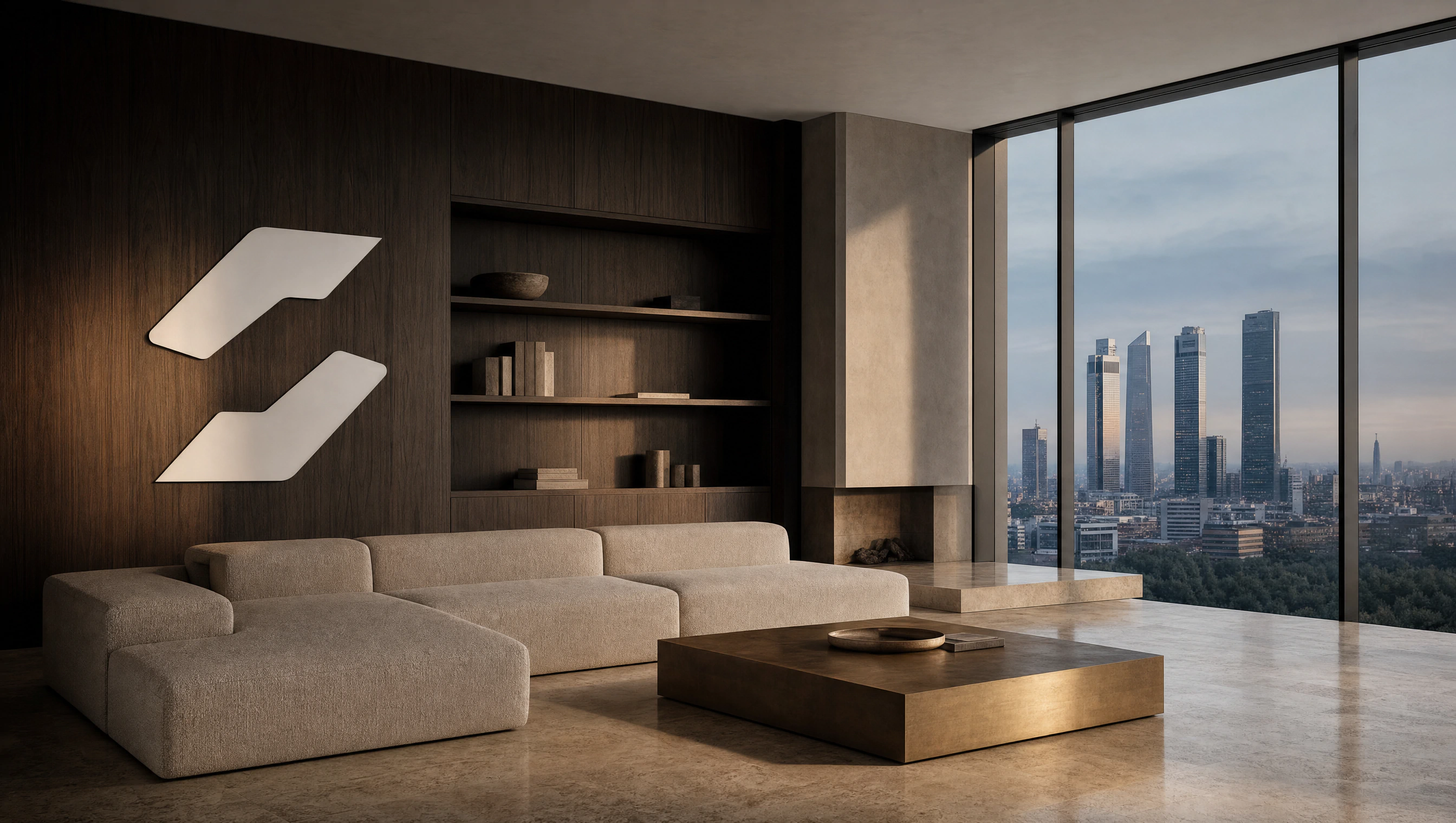 Penthouse de lujo con vista panorámica a la ciudad y logo Solventus integrado en pared de oak